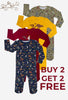 100% Organic Cotton Baby Snap Button Sleepsuit with Booties - 4 Pack - Khaki, Yellow, Red & Navy Aussie Animals