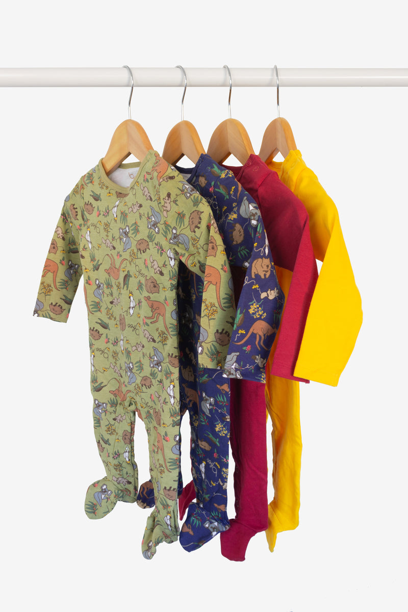 100% Organic Cotton Baby Snap Button Sleepsuit with Booties - 4 Pack - Khaki, Yellow, Red & Navy Aussie Animals