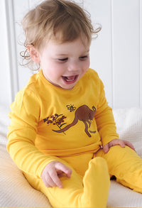 Baby Snap Button Sleepsuit with Booties - 100% Organic Cotton - Yellow Kangaroo