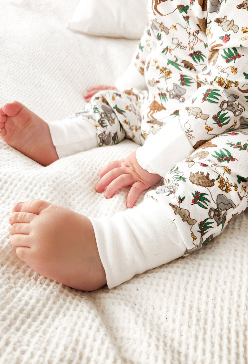2-Way Zip Baby Sleepsuit with Foldable Mitts - 100% Organic Cotton - Native Aussie Animals