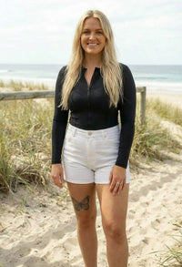Modest women’s long sleeve swim top sun protection swim shirt for beach days