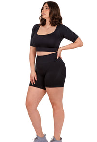 Square Neck Short Sleeve Crop Top and Seamless High Waist Midi Biker Shorts Set