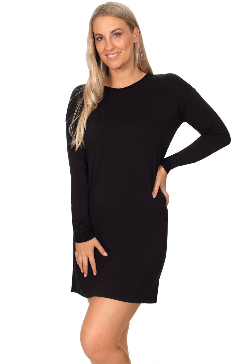 Bamboo Long Sleeve Relaxed Fit Dress - Black