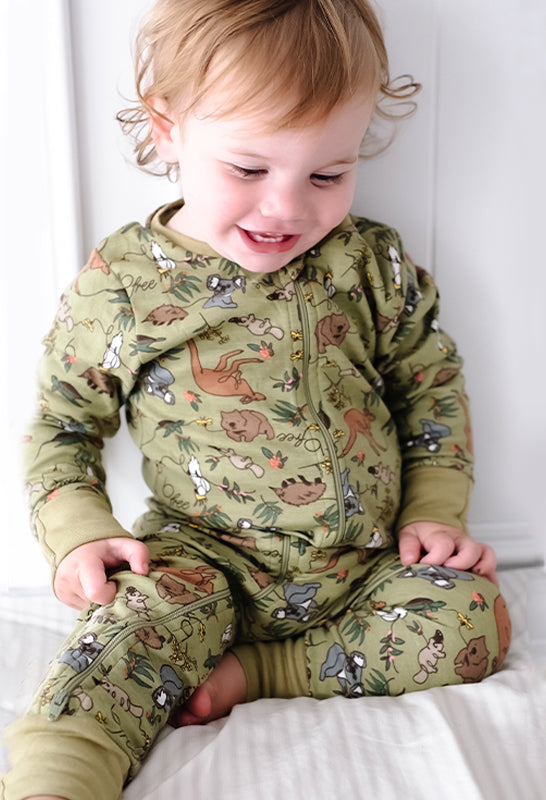 100% Organic Cotton 2-Way Zip Baby Sleepsuit with Foldable Mitts - Khaki Native Aussie Animals