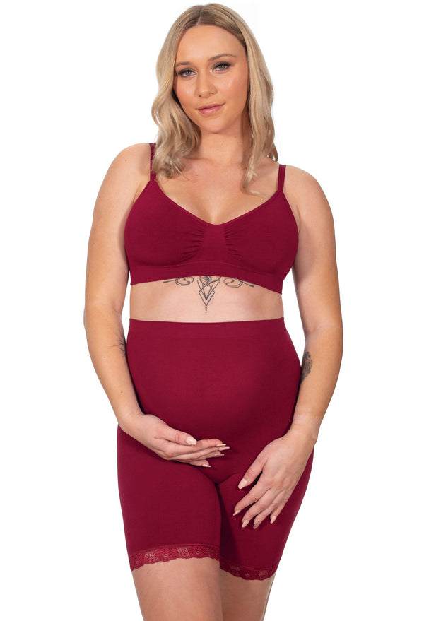 Maternity Anti Chafing High Rise Long Cotton Rich Shorts | Burgundy