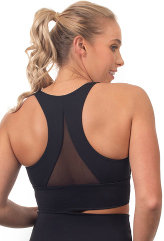 women's gymwear flattering long line padded sports bra with striking mesh back for breathability and style ideal as athleisure wear going to the gym working out pilates yoga or as loungwear