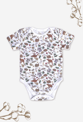Baby Snap Button Sleepsuit with Booties - 100% Organic Cotton - Native Aussie Animals