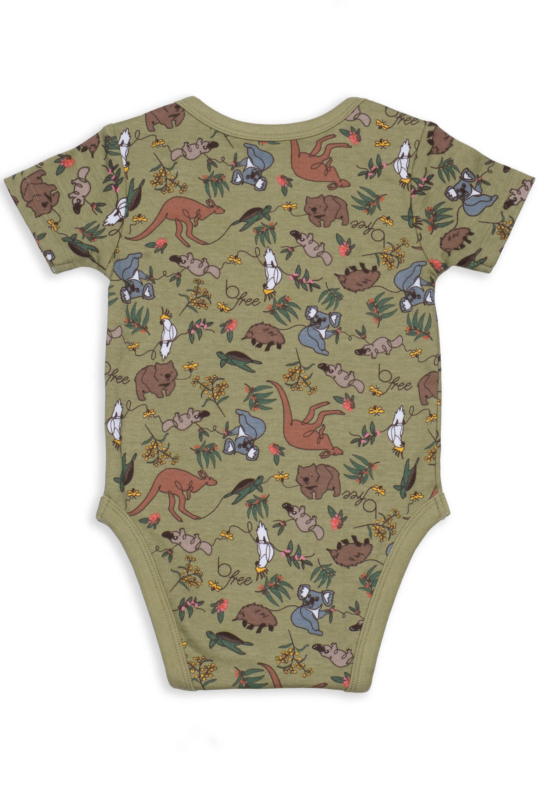 100% Organic Cotton Short Sleeve Baby Bodysuit - Khaki Native Aussie Animals