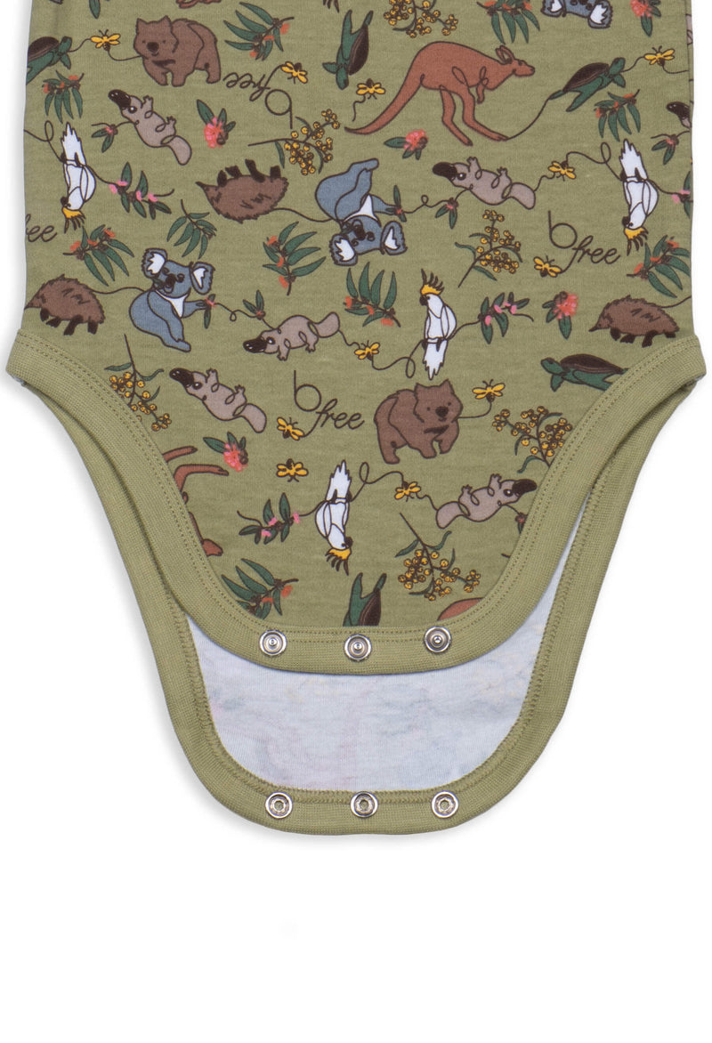 100% Organic Cotton Short Sleeve Baby Bodysuit - Khaki Native Aussie Animals