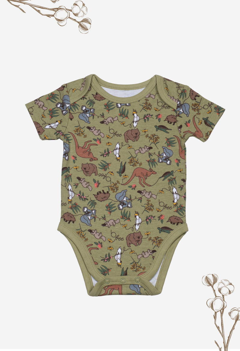 100% Organic Cotton Short Sleeve Baby Bodysuit - Khaki Native Aussie Animals