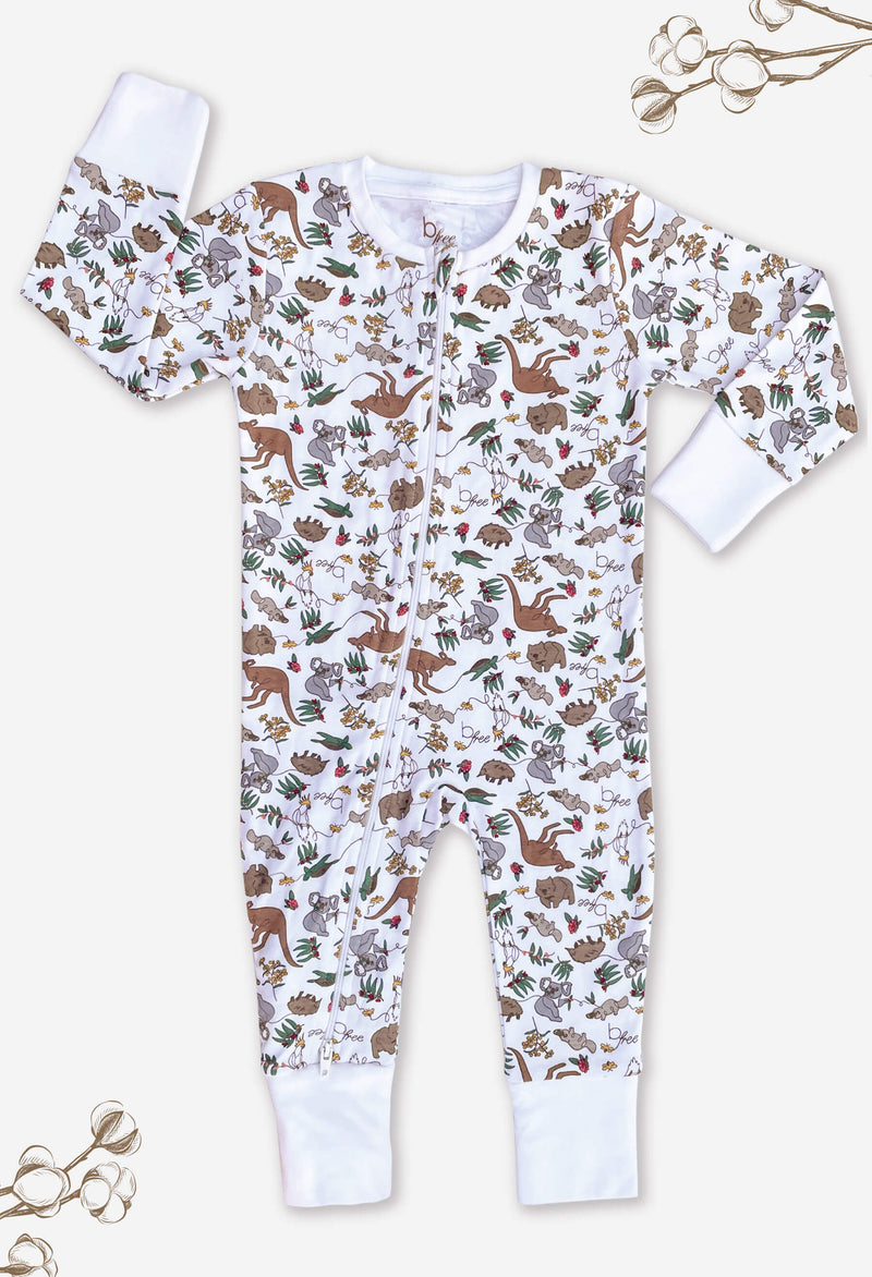 2-Way Zip Baby Sleepsuit with Foldable Mitts - 100% Organic Cotton - Native Aussie Animals