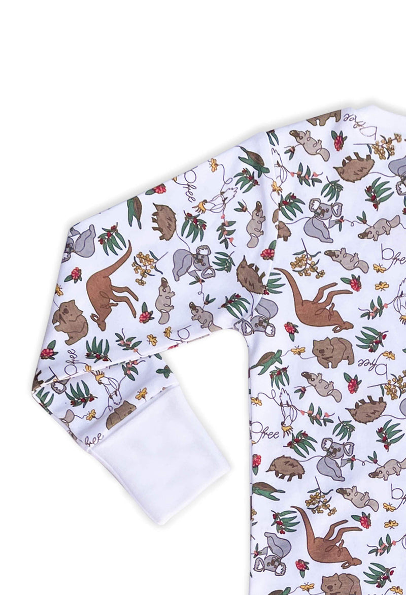 2-Way Zip Baby Sleepsuit with Foldable Mitts - 100% Organic Cotton - Native Aussie Animals