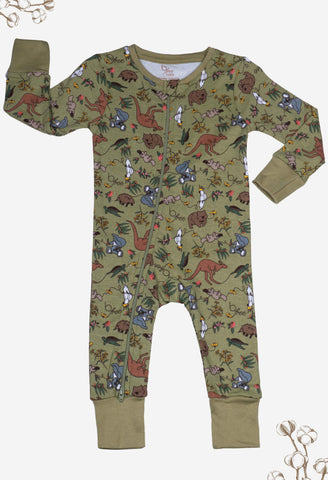 100% Organic Cotton 2-Way Zip Baby Sleepsuit with Foldable Mitts - Khaki Native Aussie Animals