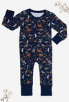 100% Organic Cotton 2-Way Zip Baby Sleepsuit with Foldable Mitts - Navy Native Aussie Animals