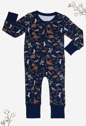 2-Way Zip Baby Sleepsuit with Foldable Mitts - 100% Organic Cotton - Native Aussie Animals