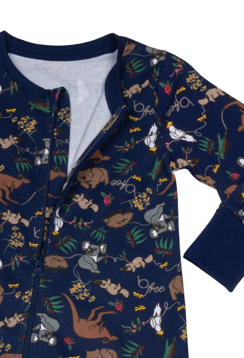 100% Organic Cotton 2-Way Zip Baby Sleepsuit with Foldable Mitts - Navy Native Aussie Animals