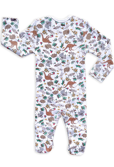 Baby Snap Button Sleepsuit with Booties - 100% Organic Cotton - Native Aussie Animals