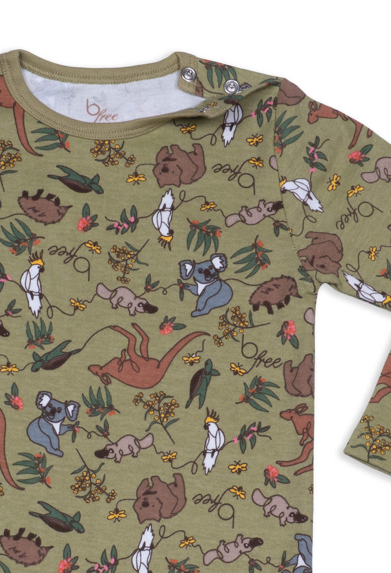 Baby Snap Button Sleepsuit with Booties - 100% Organic Cotton - Khaki Native Aussie Animals