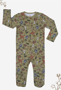 Baby Snap Button Sleepsuit with Booties - 100% Organic Cotton - Khaki Native Aussie Animals