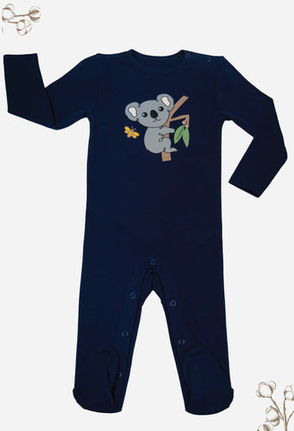 Baby Snap Button Sleepsuit with Booties - 100% Organic Cotton - Navy Koala