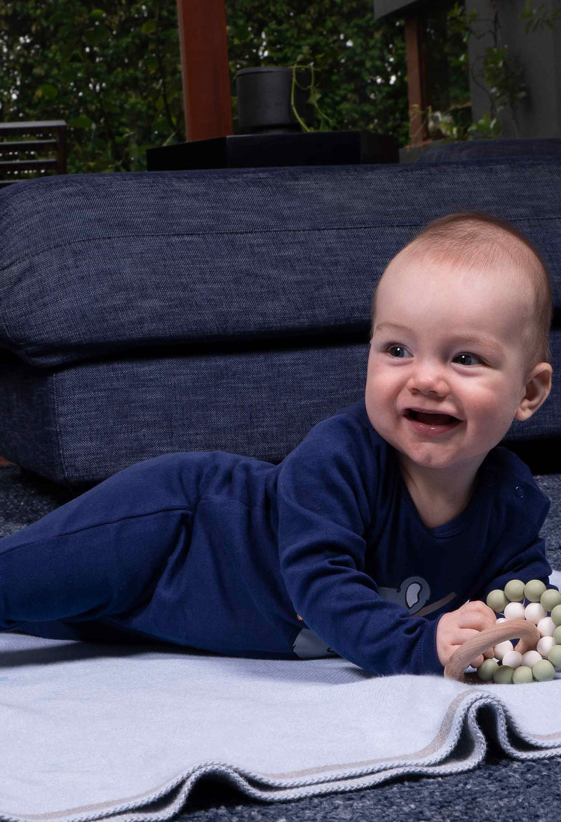 Baby Snap Button Sleepsuit with Booties - 100% Organic Cotton - Navy Koala