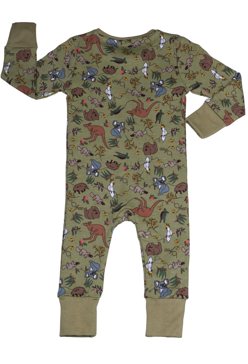 100% Organic Cotton 2-Way Zip Baby Sleepsuit with Foldable Mitts - Khaki Native Aussie Animals