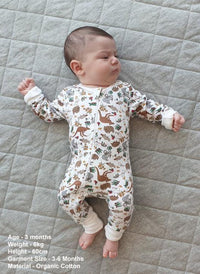 100% Organic Cotton 2-Way Zip Baby Sleepsuit with Foldable Mitts - Native Aussie Animals