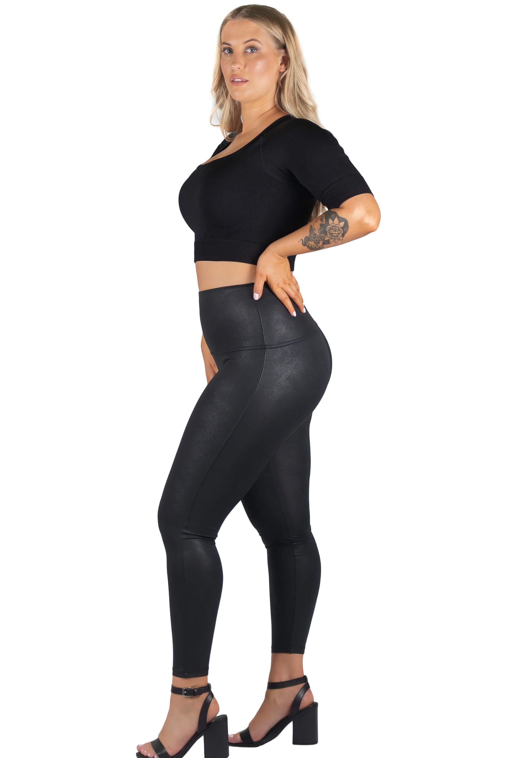 Black Extra Long Leggings with Faux Leather Sides