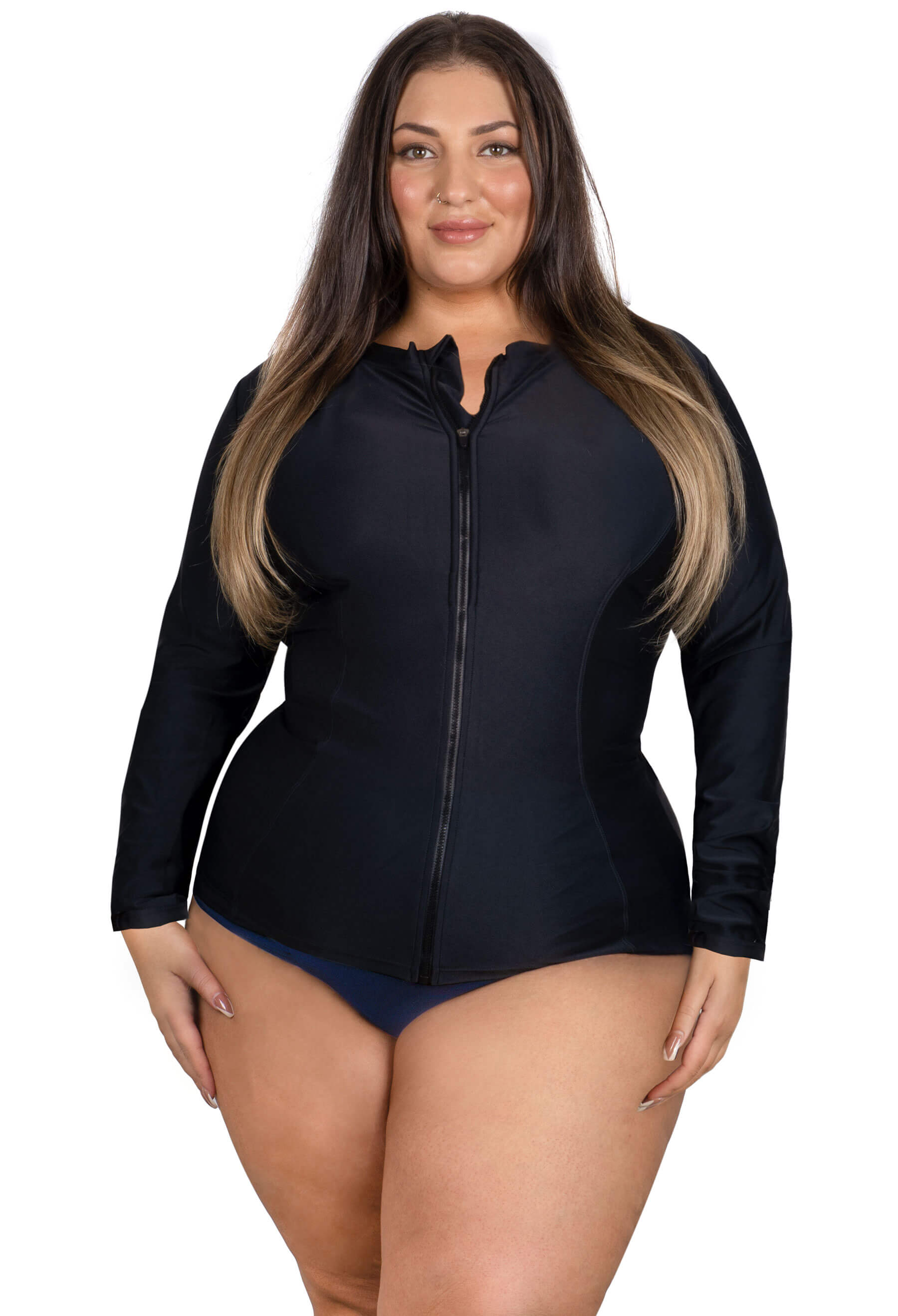 Plus Size Long Sleeve Zip Rash Vest, SWIMWEAR